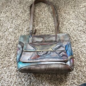 JaneYoo tote Hand-Painted Multicolor Leather Shoulder Bag - Artistic Brown Base